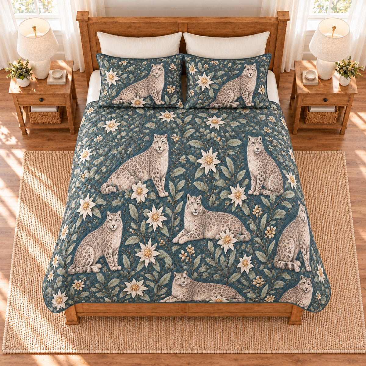 Dusty teal snow leopard and edelweiss quilt set overhead view
