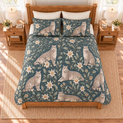 Dusty teal snow leopard and edelweiss quilt set overhead view
