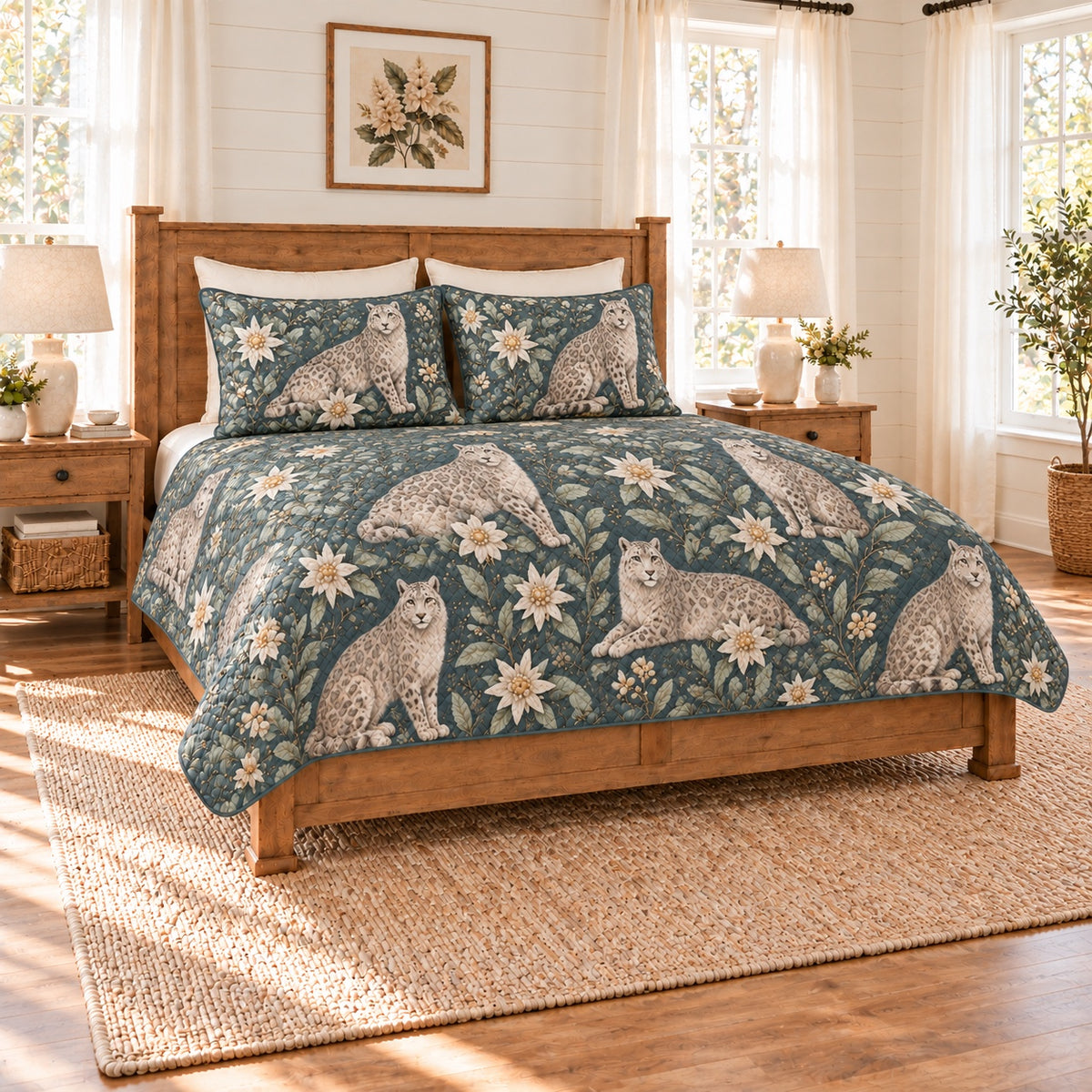 Dusty teal snow leopard and edelweiss quilt set left angle