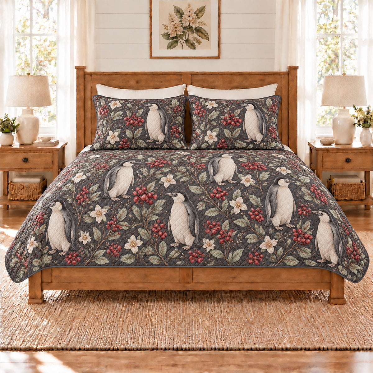 Soft charcoal penguin and winterberry quilt set front view