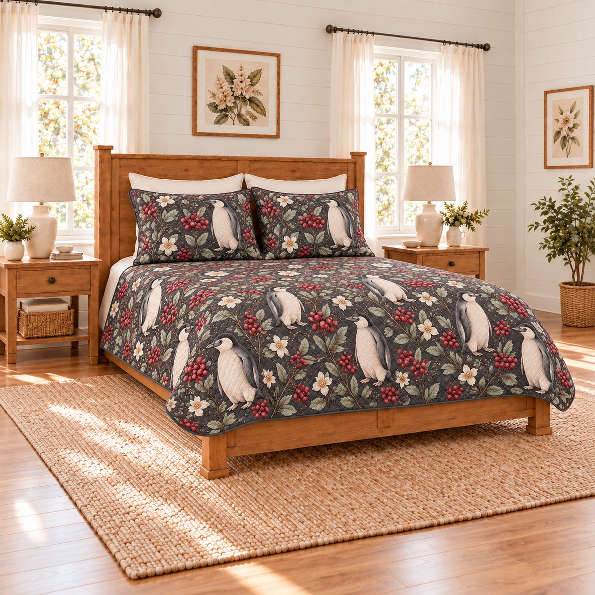 Soft charcoal penguin and winterberry quilt set left angle