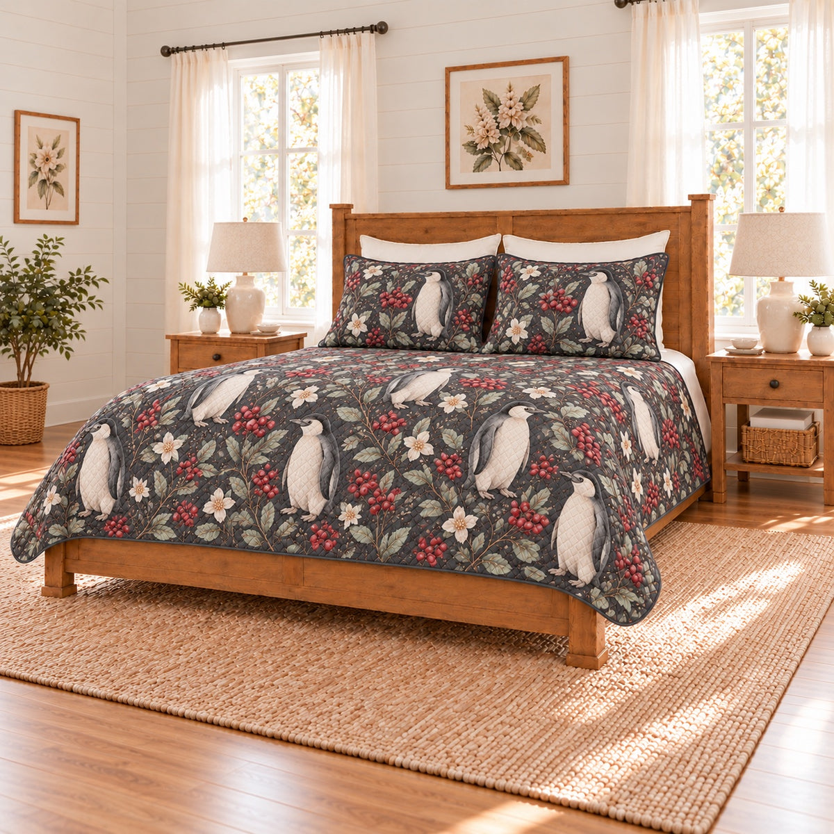 Soft charcoal penguin and winterberry quilt set right angle