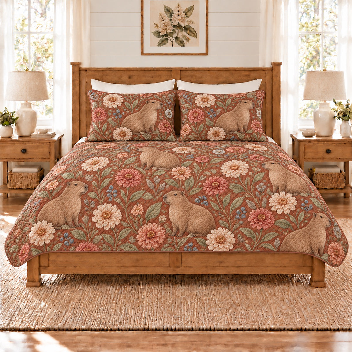 Warm terracotta capybara and zinnia quilt set front view