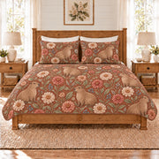 Warm terracotta capybara and zinnia quilt set front view