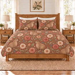 Warm Terracotta Capybara & Zinnia Quilt Set, Gift for Capybara and Zinnia Fans