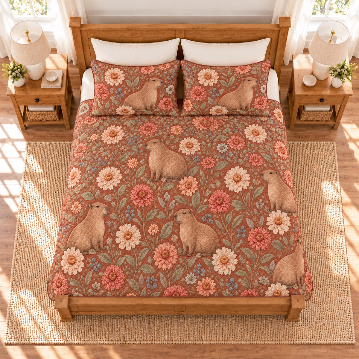 Warm terracotta capybara and zinnia quilt set overhead view