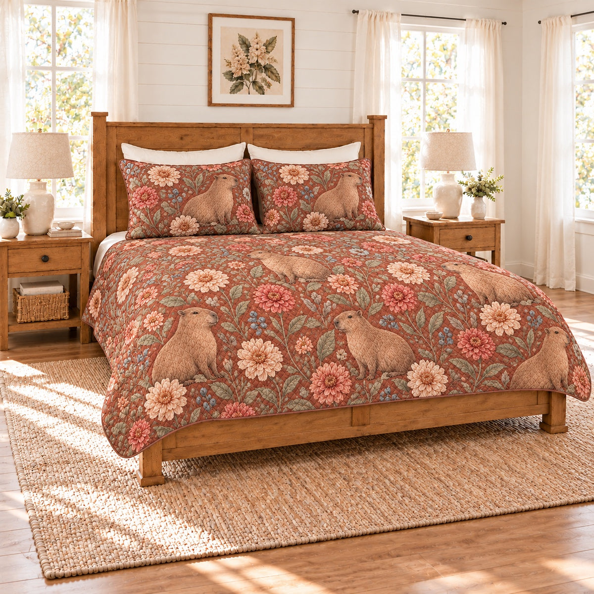 Warm terracotta capybara and zinnia quilt set left angle