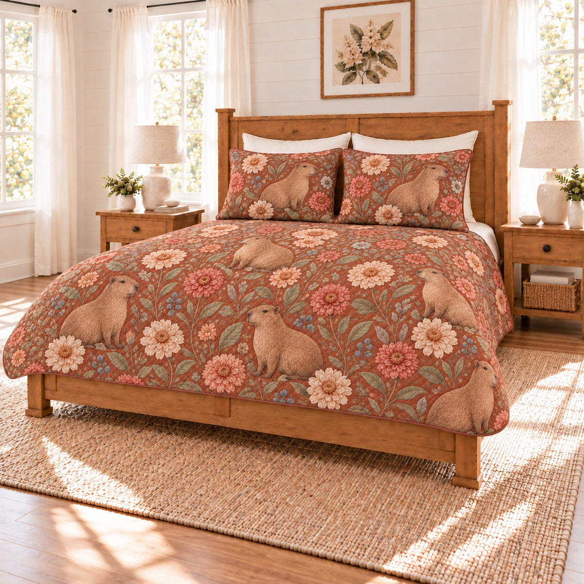 Warm terracotta capybara and zinnia quilt set right angle