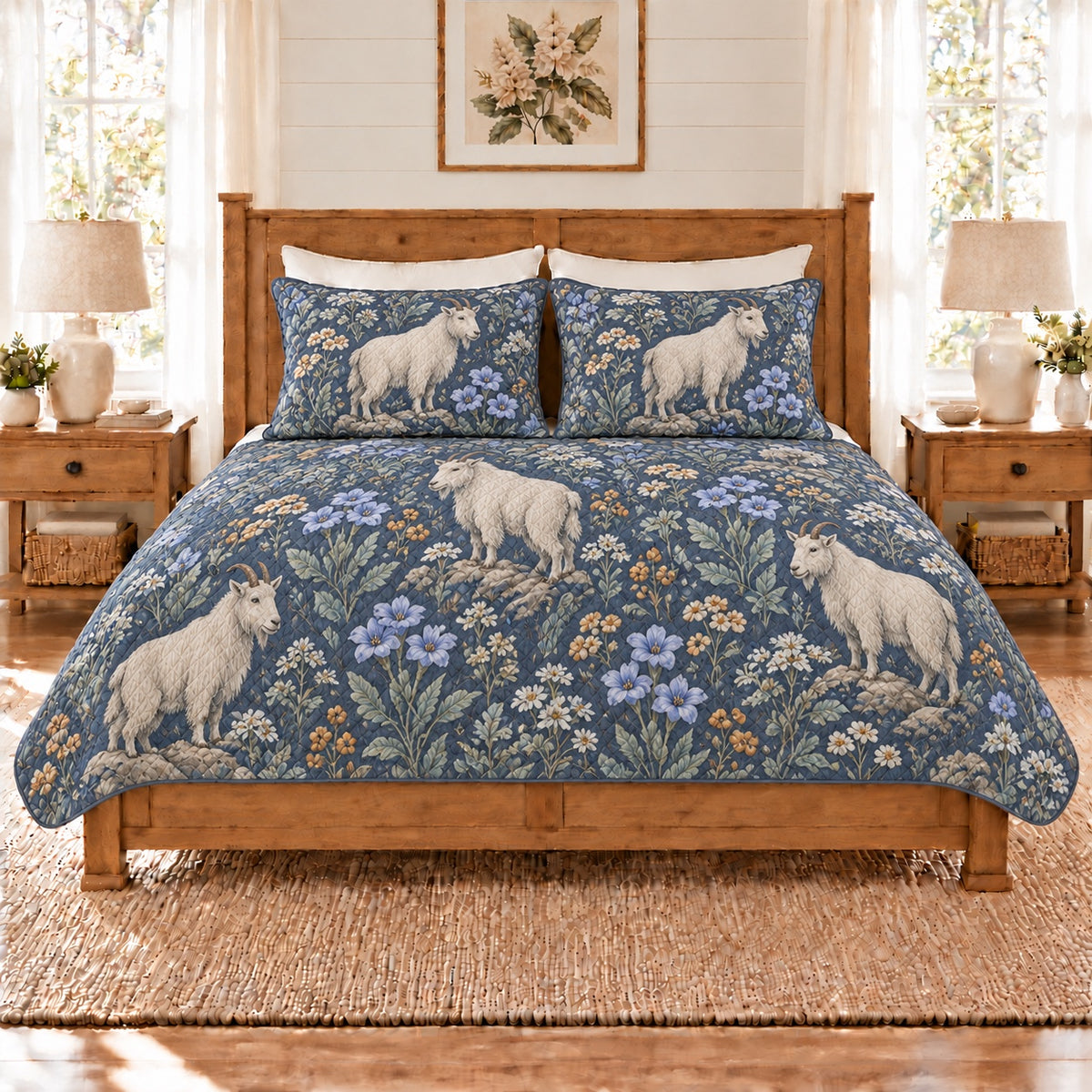 Dusty indigo mountain goat and gentian quilt set front view