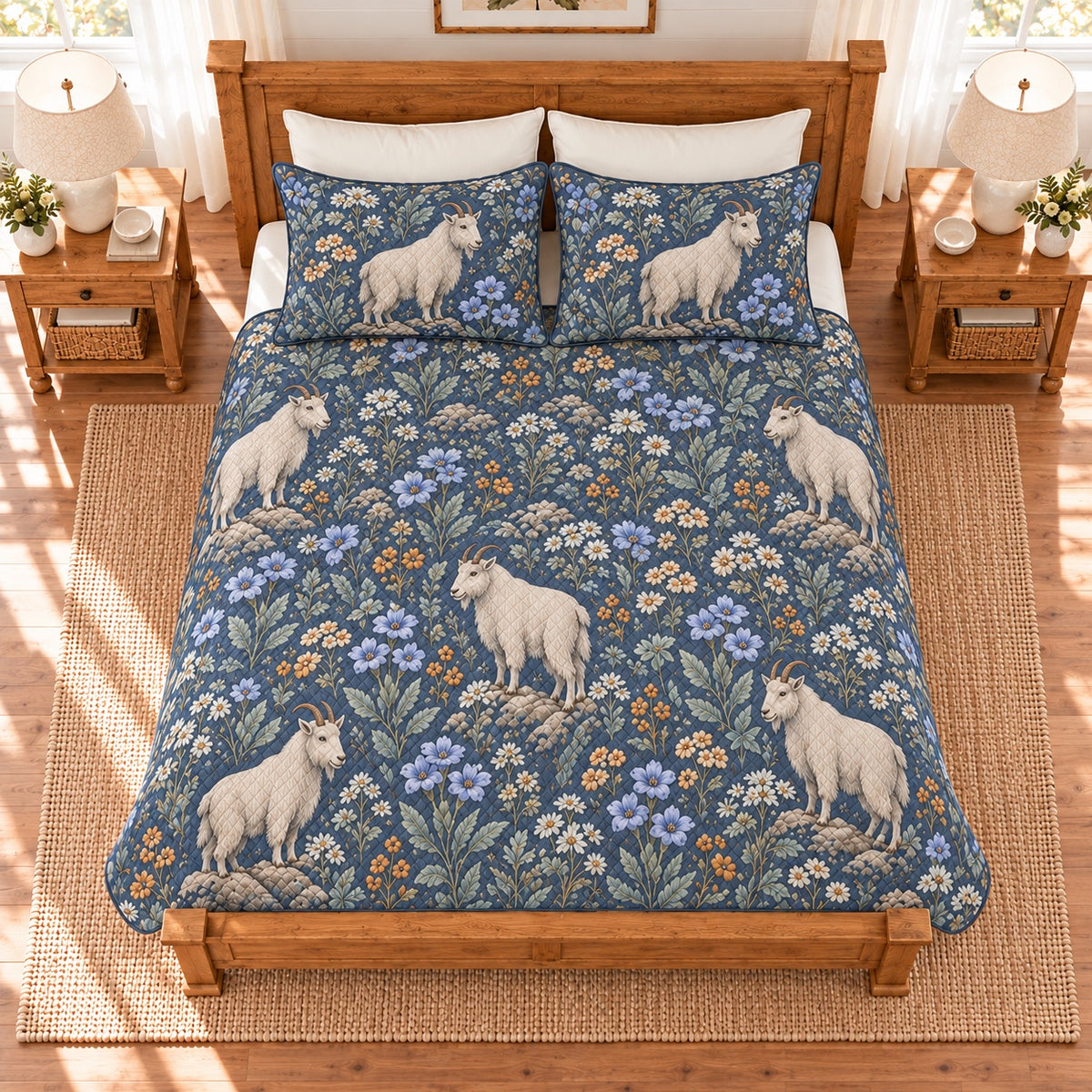 Dusty indigo mountain goat and gentian quilt set overhead view