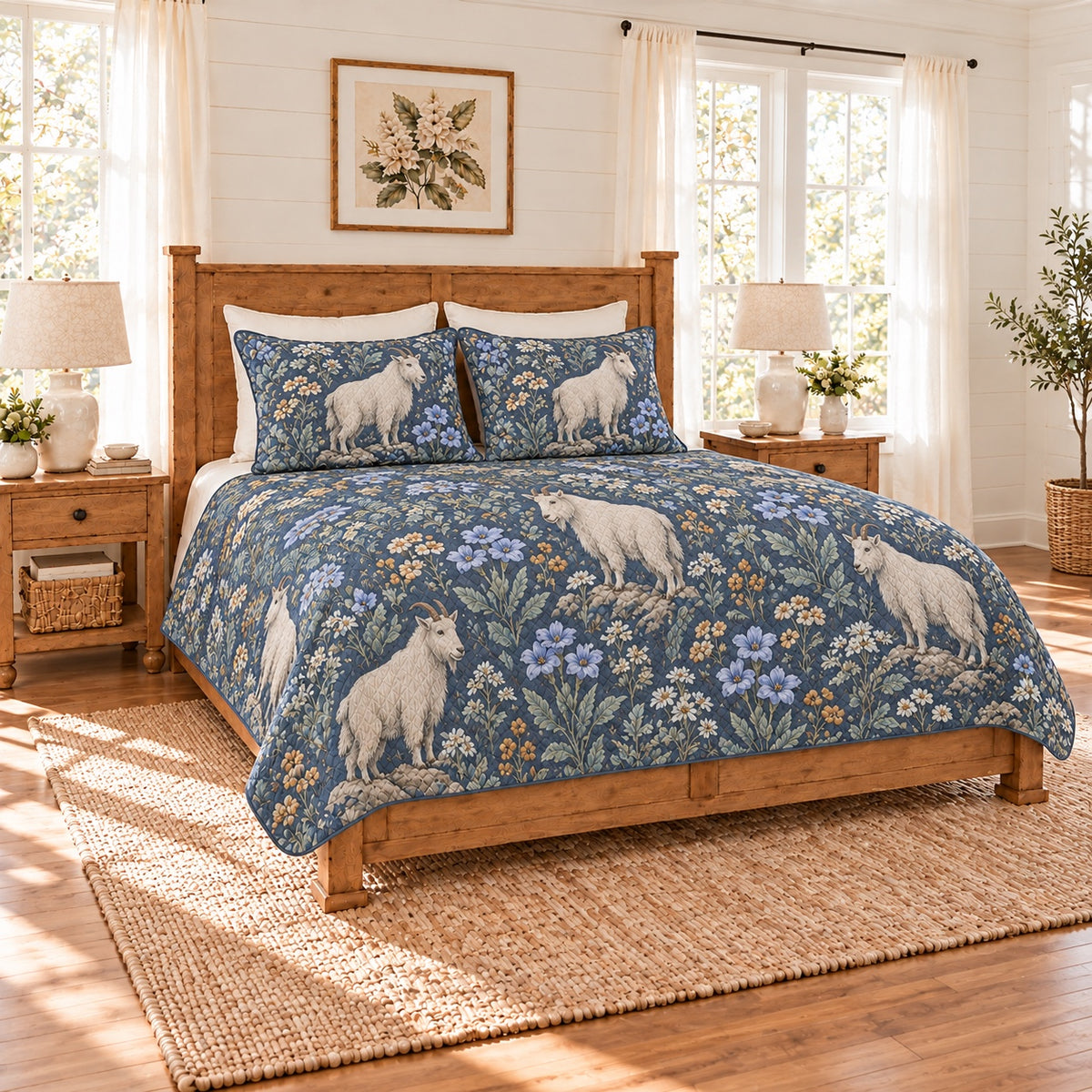 Dusty indigo mountain goat and gentian quilt set left angle
