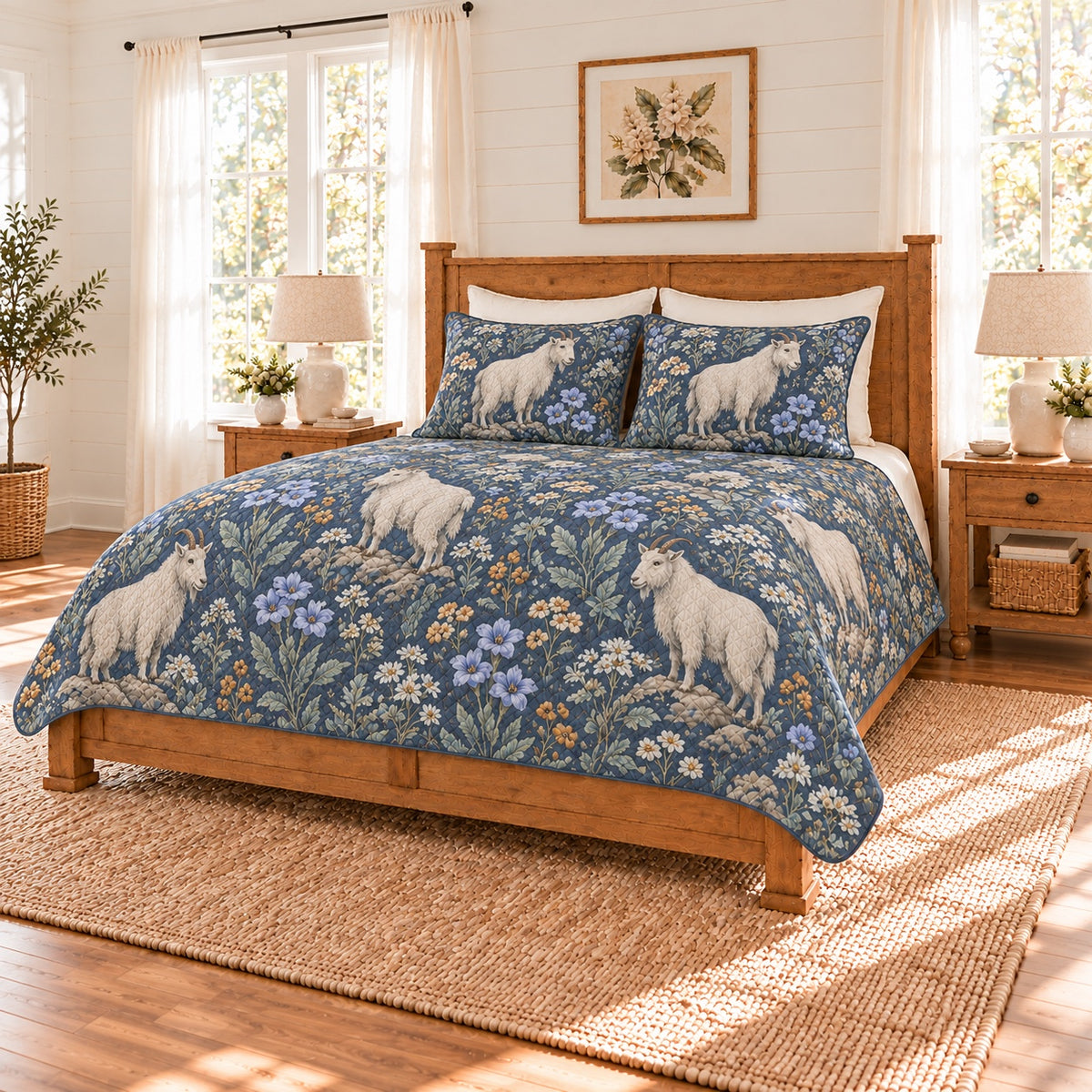 Dusty indigo mountain goat and gentian quilt set right angle
