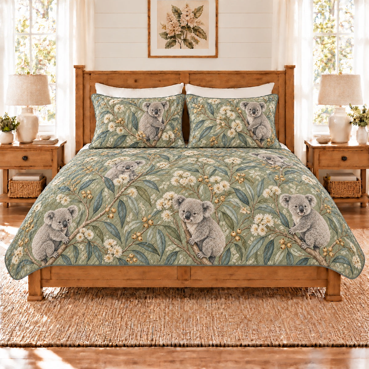Muted sage koala and eucalyptus blossom quilt set front view