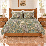 Muted sage koala and eucalyptus blossom quilt set front view
