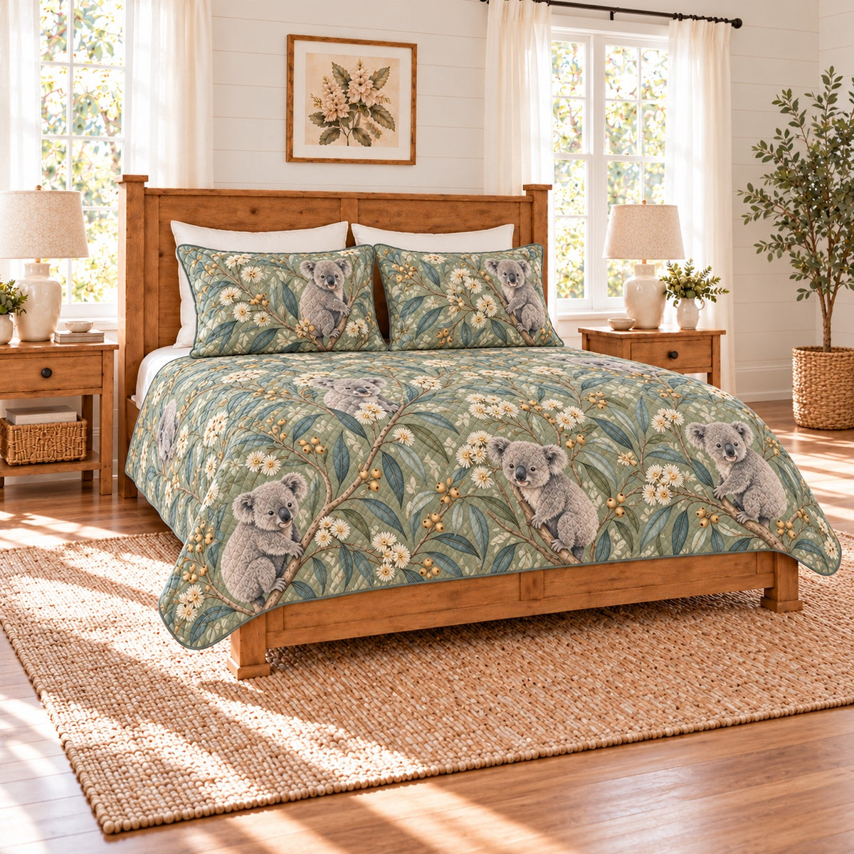 Muted sage koala and eucalyptus blossom quilt set left angle
