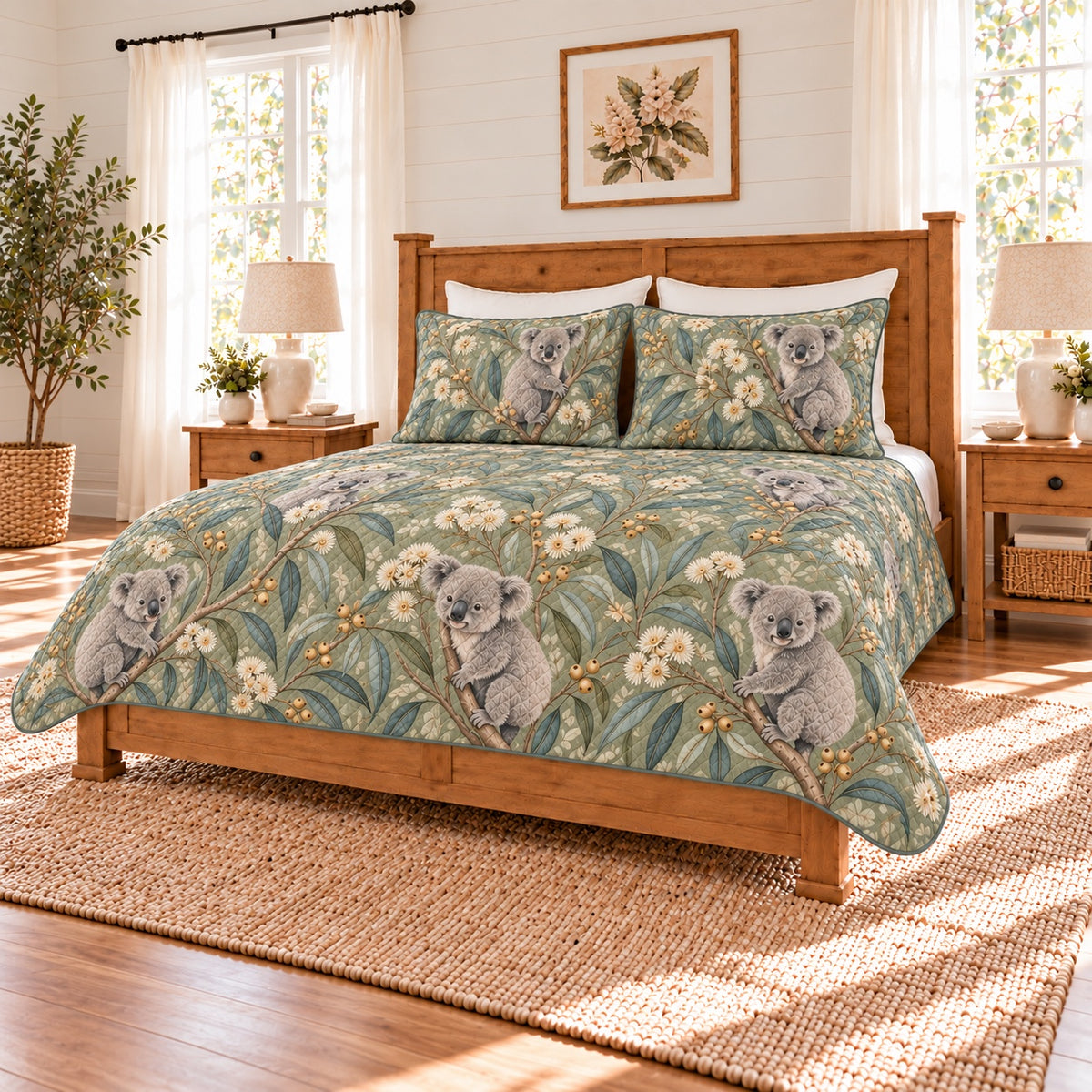 Muted sage koala and eucalyptus blossom quilt set right angle