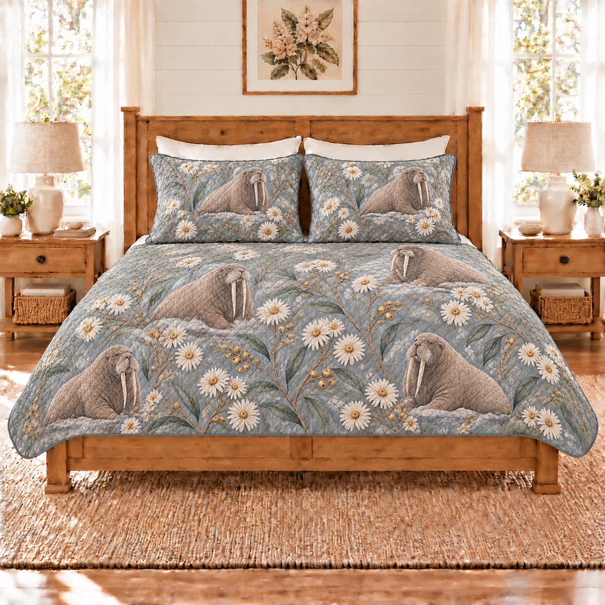 Fog blue walrus and Arctic daisy quilt set front view