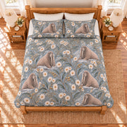 Fog blue walrus and Arctic daisy quilt set overhead view