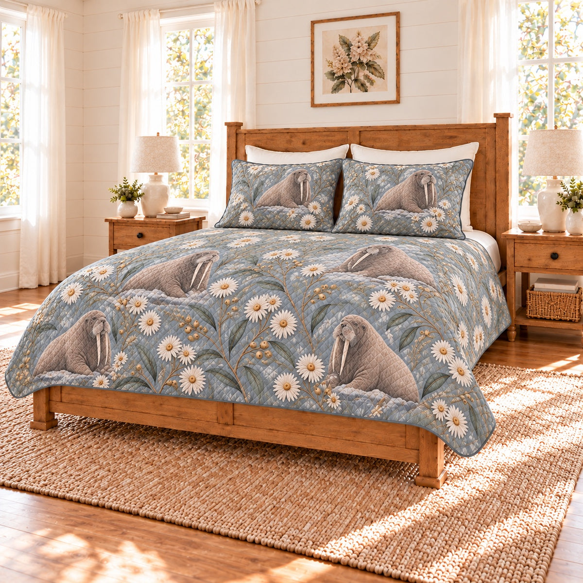 Fog blue walrus and Arctic daisy quilt set right angle