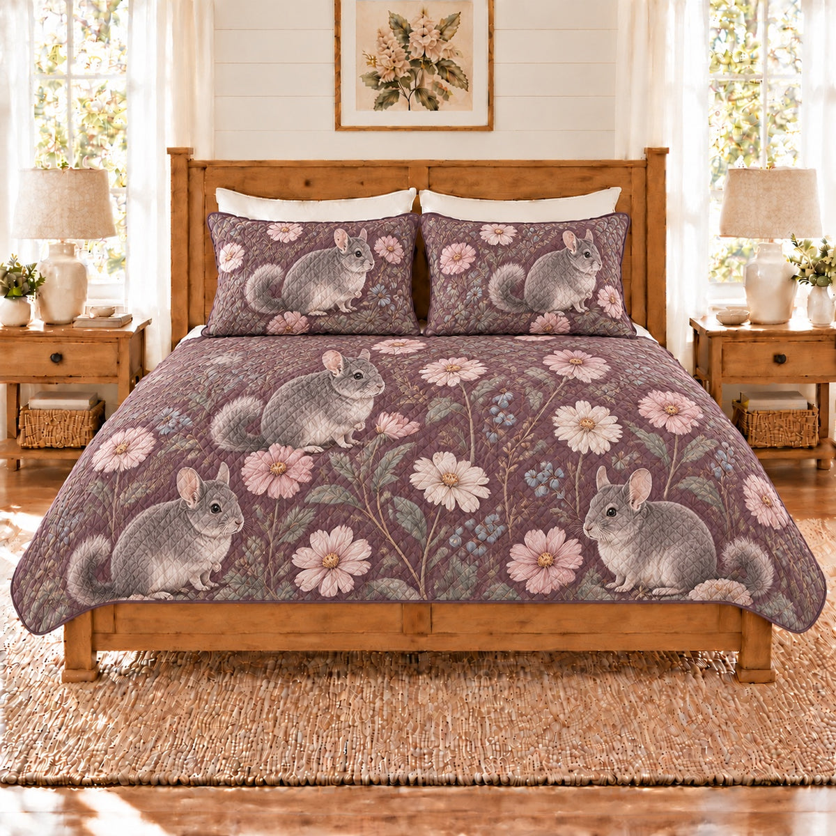 Smoky plum chinchilla and cosmos quilt set front view