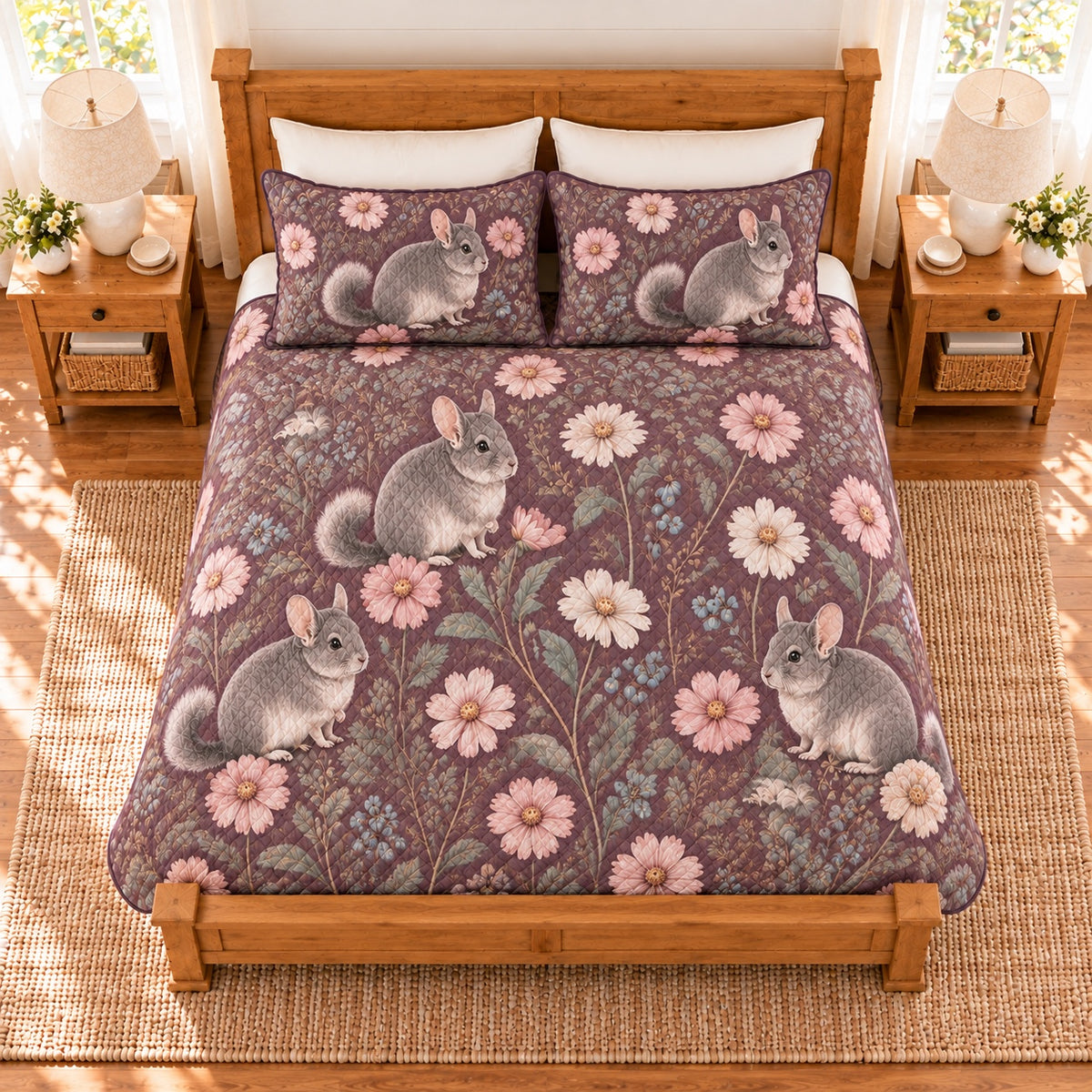 Smoky plum chinchilla and cosmos quilt set overhead view