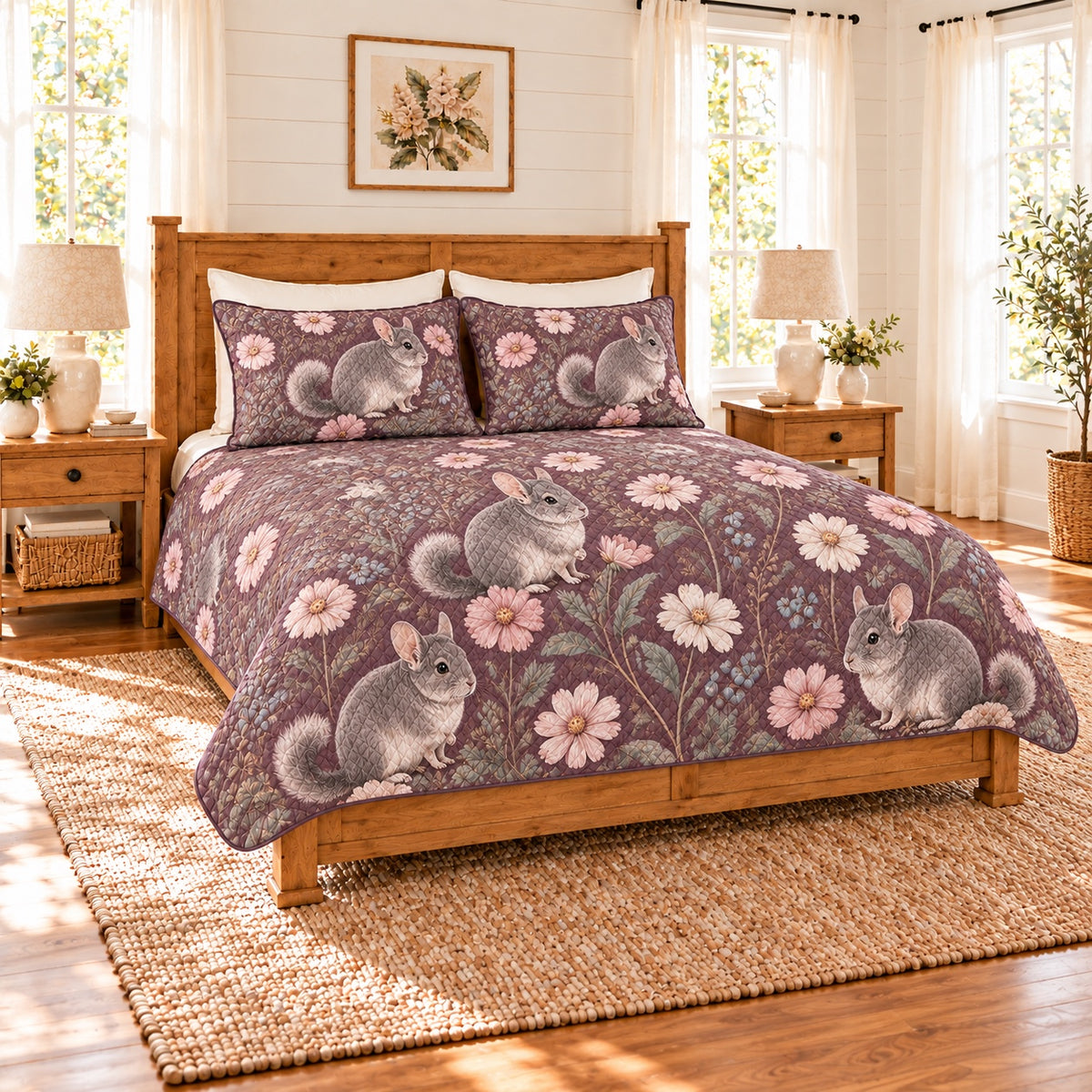 Smoky plum chinchilla and cosmos quilt set left angle