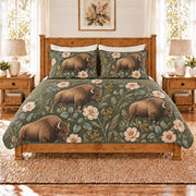 Deep sage American bison and prairie rose quilt set front view