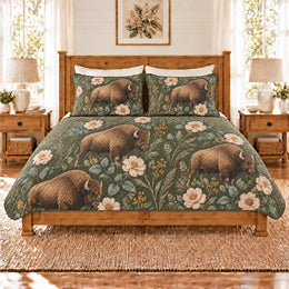 Deep Sage American Bison & Prairie Rose Quilt Set, Gift for Bison and Prairie Rose Fans