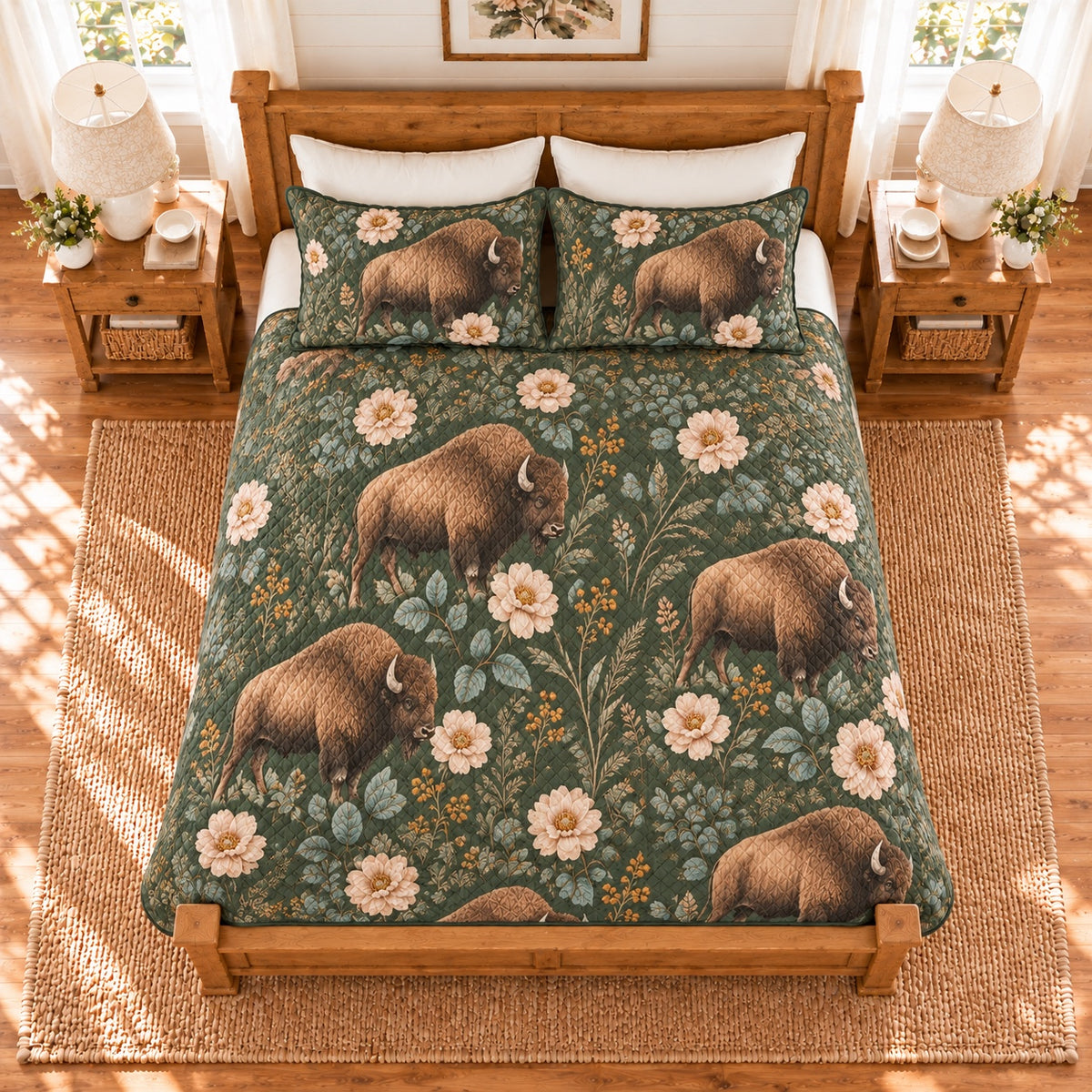 Deep sage American bison and prairie rose quilt set overhead view