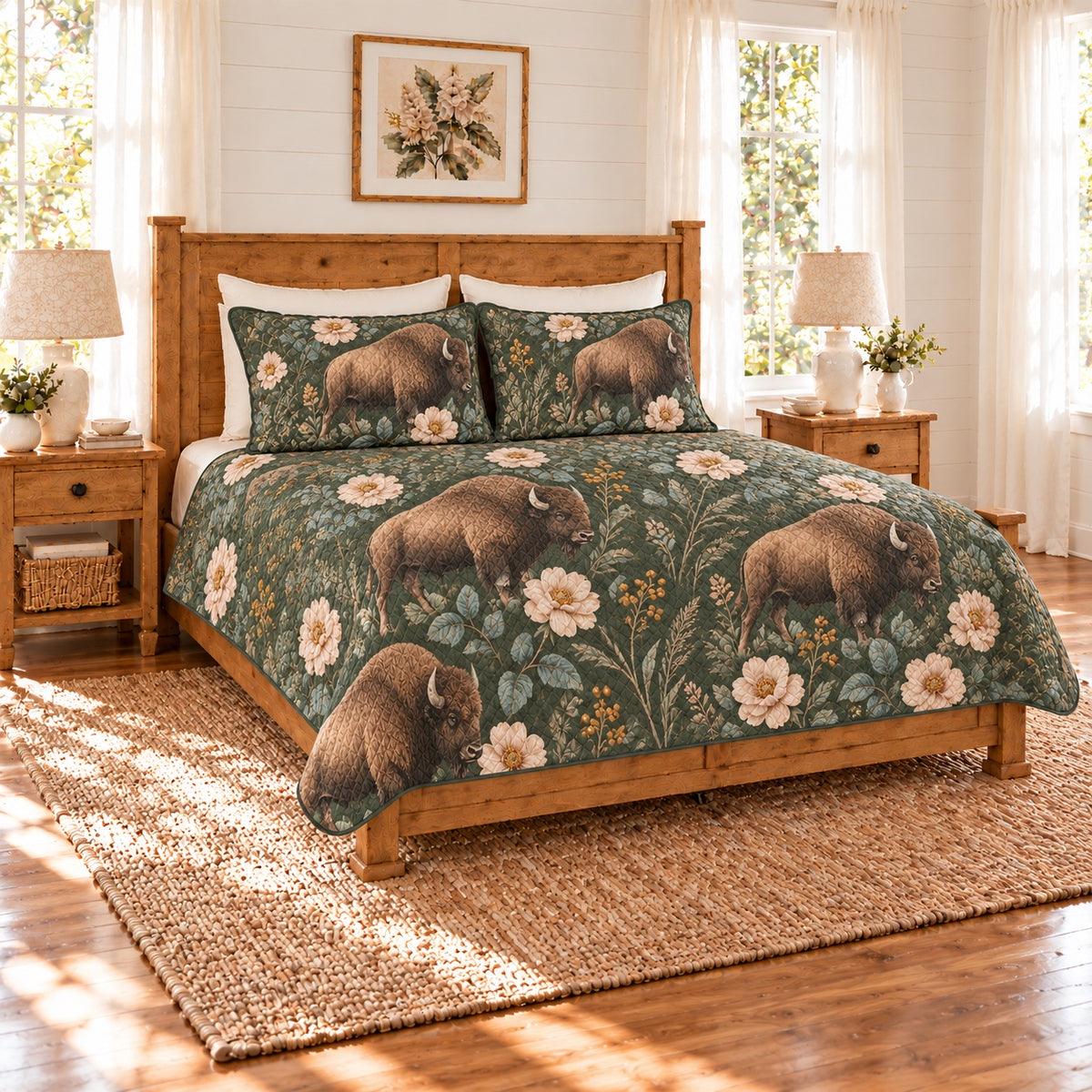 Deep sage American bison and prairie rose quilt set left angle