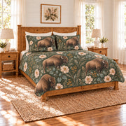 Deep sage American bison and prairie rose quilt set left angle
