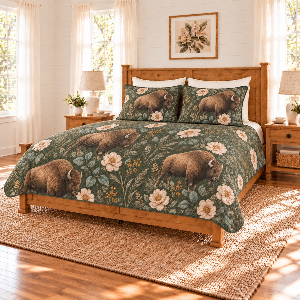 Deep sage American bison and prairie rose quilt set right angle