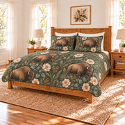 Deep sage American bison and prairie rose quilt set right angle