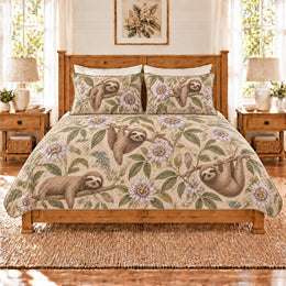 Warm Oatmeal Sloth & Passionflower Quilt Set, Gift for Sloth and Passionflower Fans
