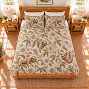 Warm oatmeal sloth and passionflower quilt set overhead view