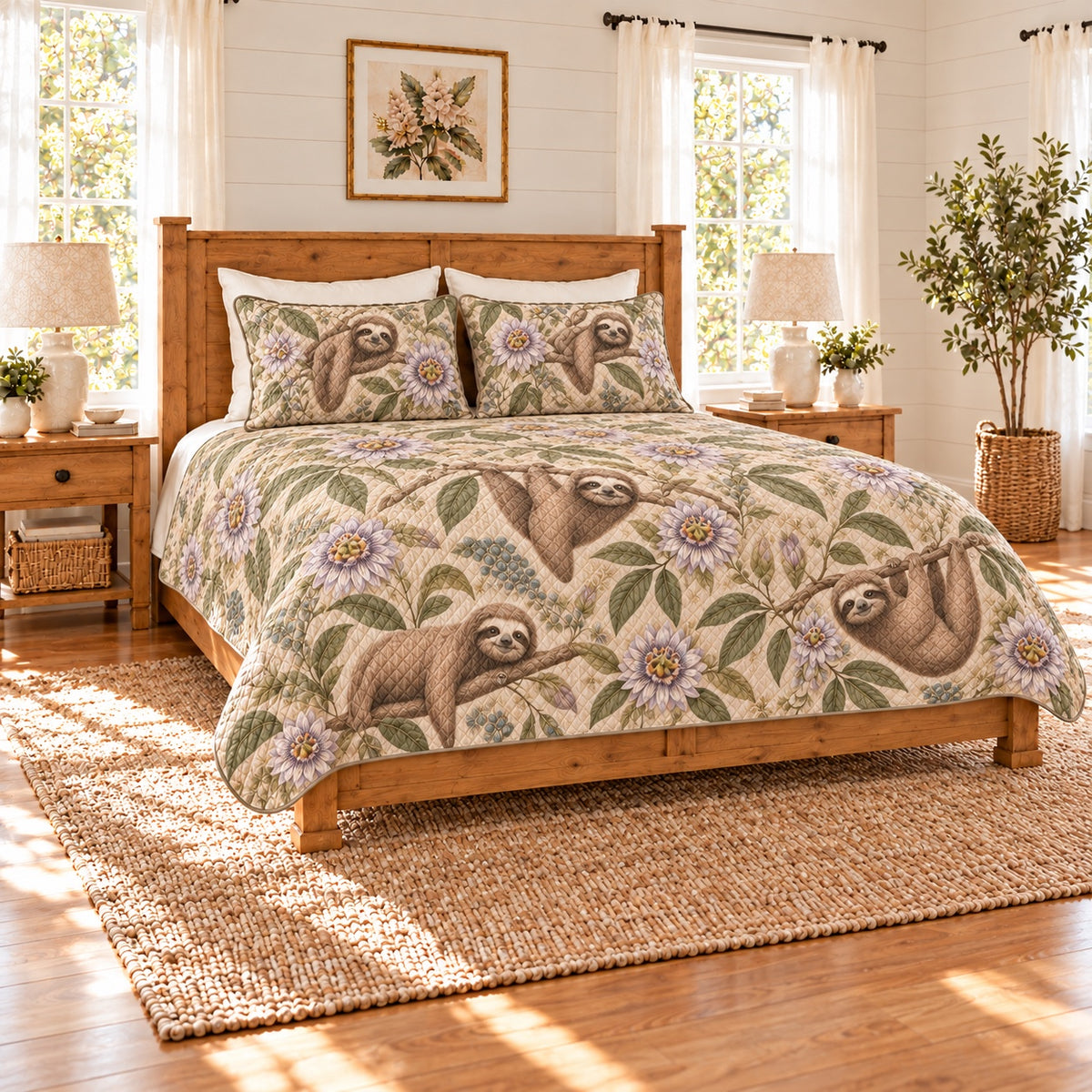 Warm oatmeal sloth and passionflower quilt set left angle