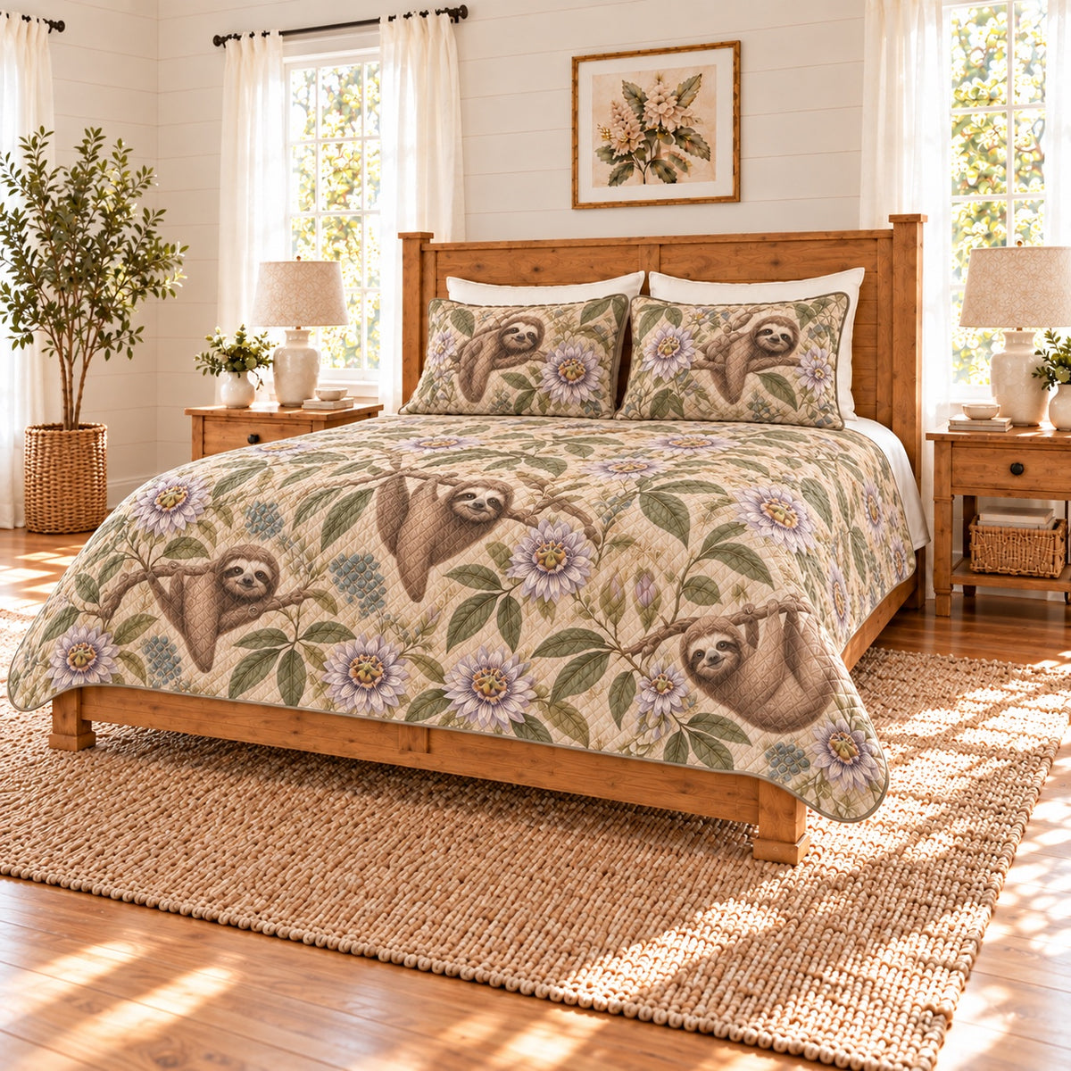 Warm oatmeal sloth and passionflower quilt set right angle