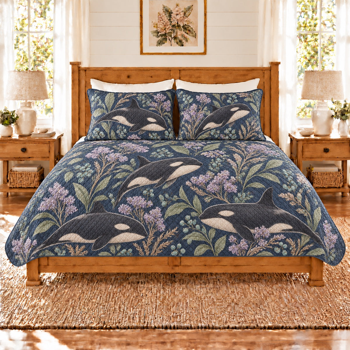 Muted navy orca and sea lavender quilt set front view