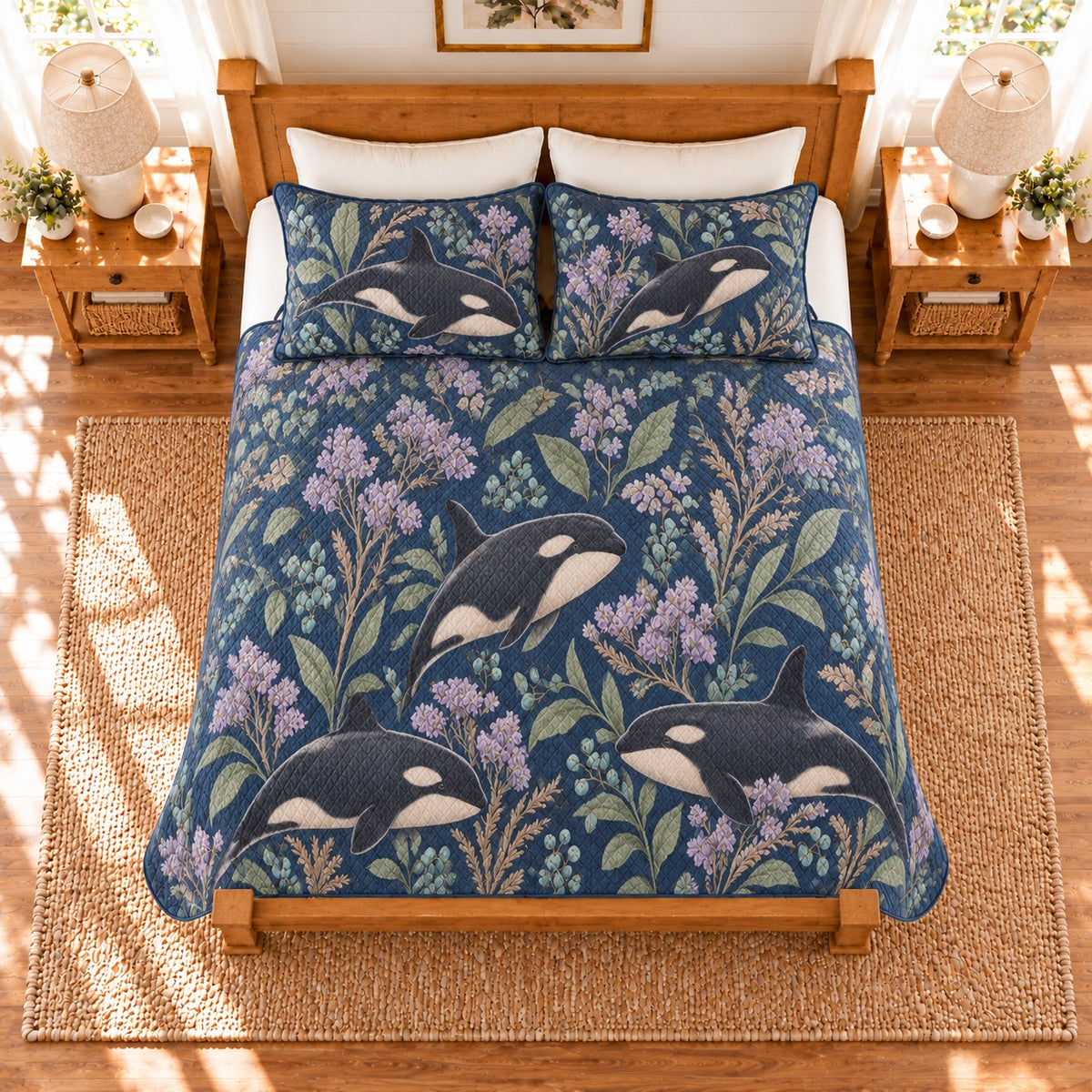 Muted navy orca and sea lavender quilt set overhead view