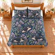 Muted navy orca and sea lavender quilt set overhead view