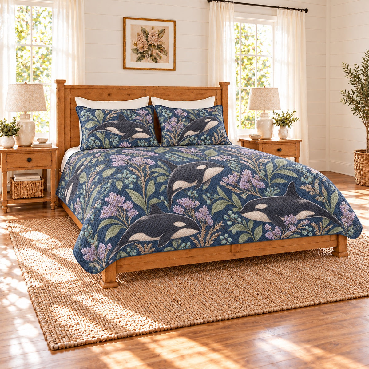Muted navy orca and sea lavender quilt set left angle