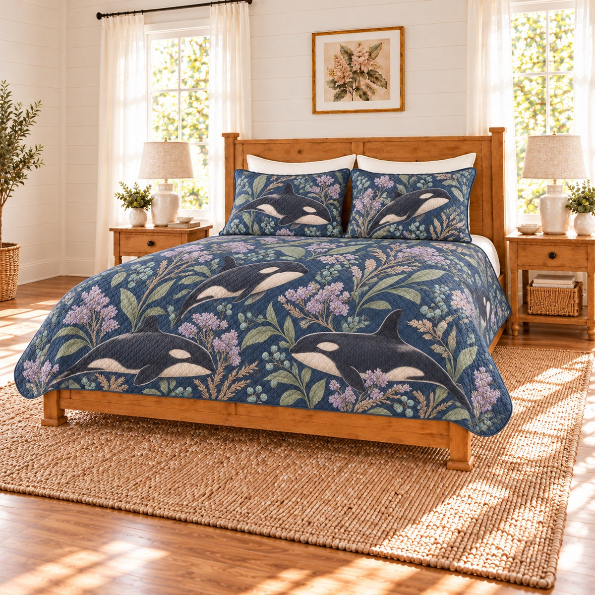 Muted navy orca and sea lavender quilt set right angle