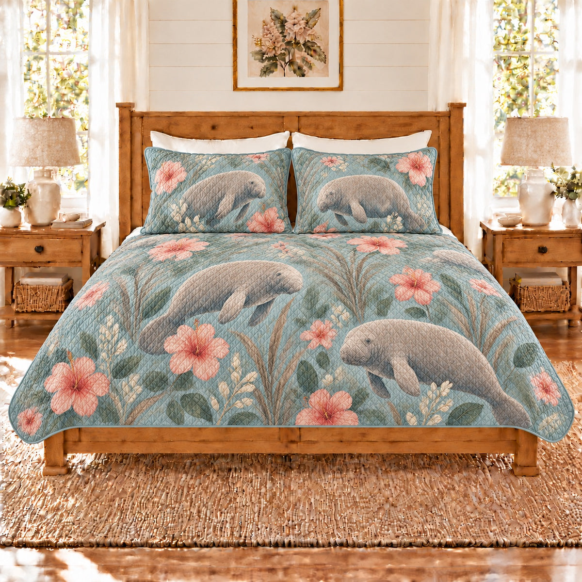Dusty aqua manatee and hibiscus quilt set front view
