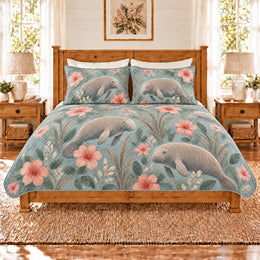 Dusty Aqua Manatee & Hibiscus Quilt Set, Gift for Manatee and Hibiscus Fans