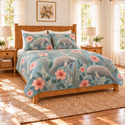 Dusty aqua manatee and hibiscus quilt set left angle