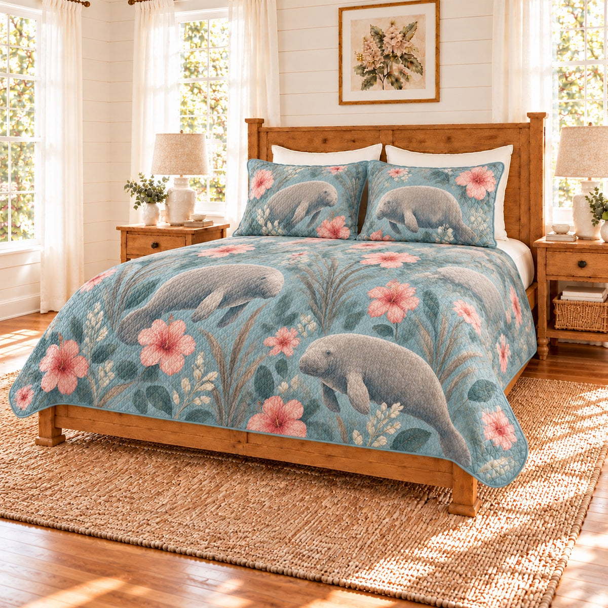 Dusty aqua manatee and hibiscus quilt set right angle