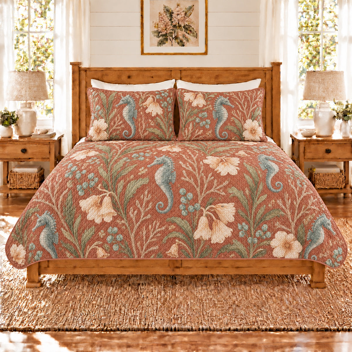 Muted clay seahorse and coral bells quilt set front view