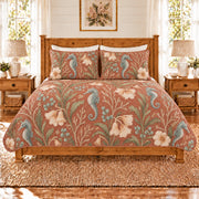 Muted clay seahorse and coral bells quilt set front view