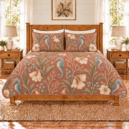 Muted Clay Seahorse & Coral Bells Quilt Set, Gift for Seahorse and Coral Bells Fans