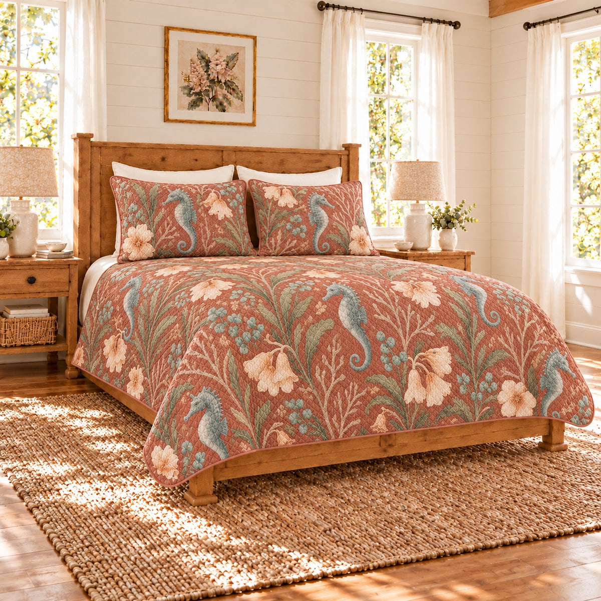 Muted clay seahorse and coral bells quilt set left angle